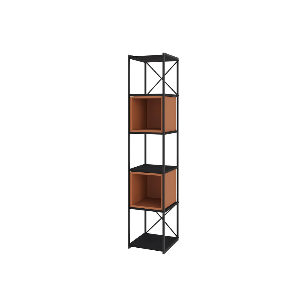 Tall industrial mini bookcase with black metal frame and warm orange cube shelves