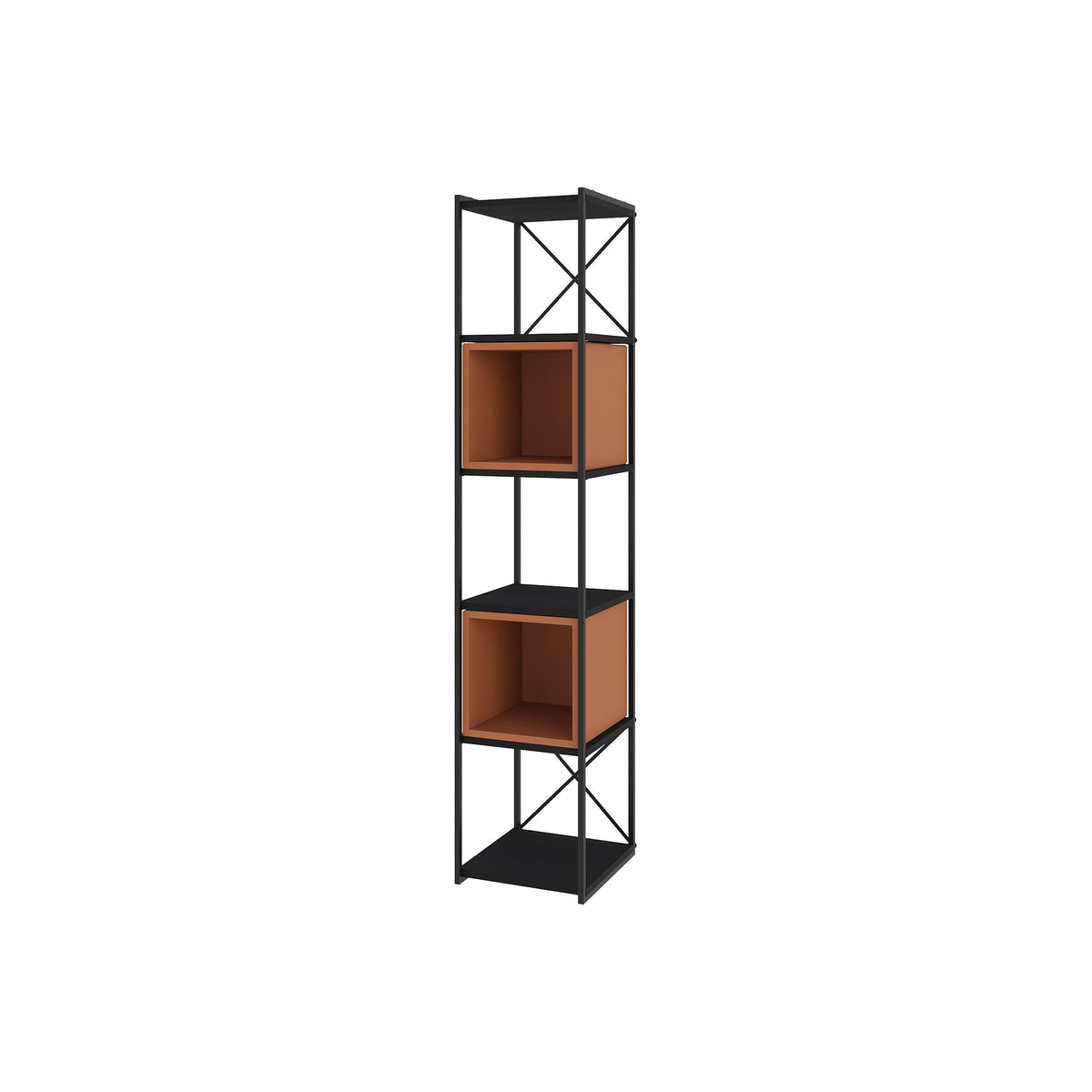 Tall industrial mini bookcase with black metal frame and warm orange cube shelves