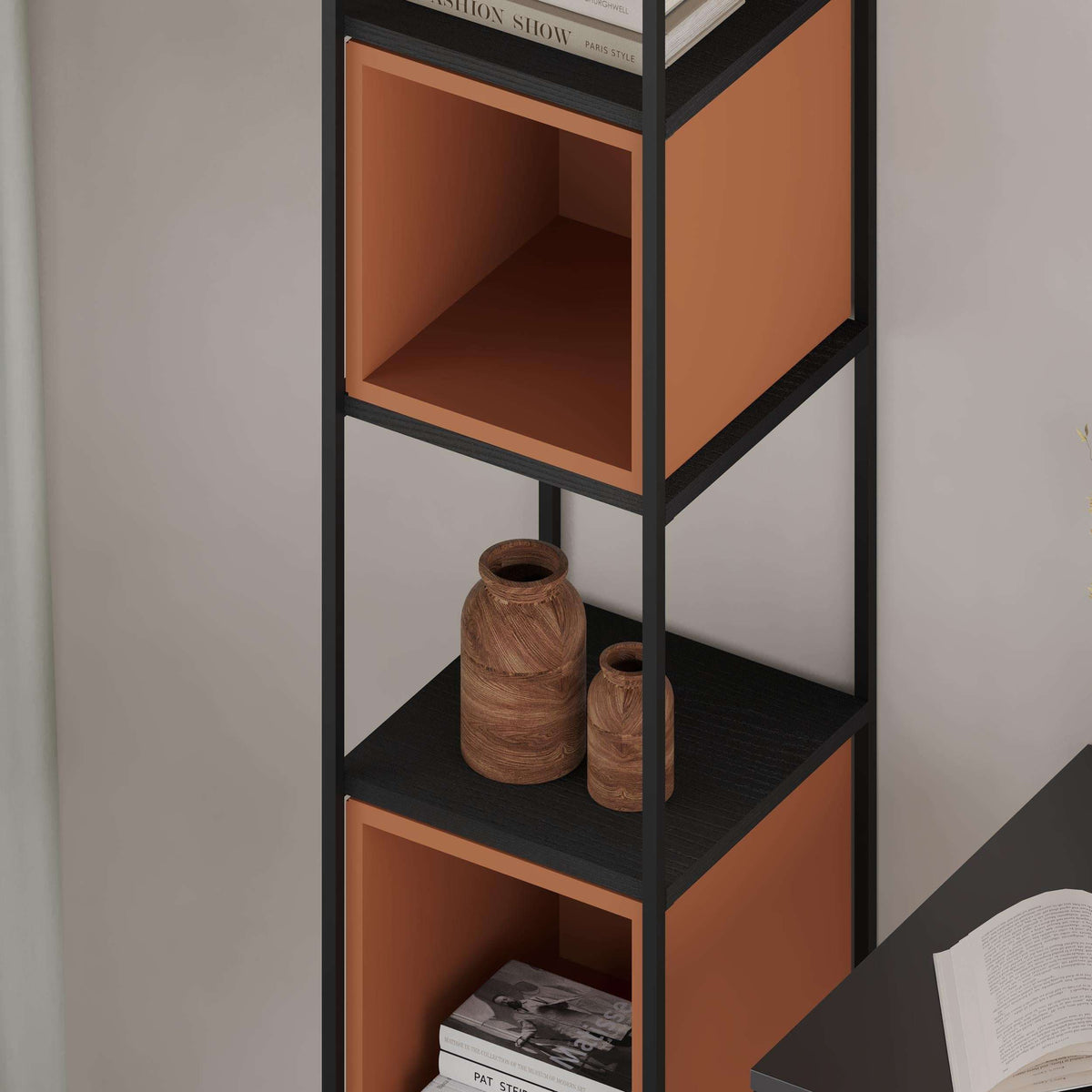 Mini industrial bookcase set with black metal frame and cinnamon interior shelves