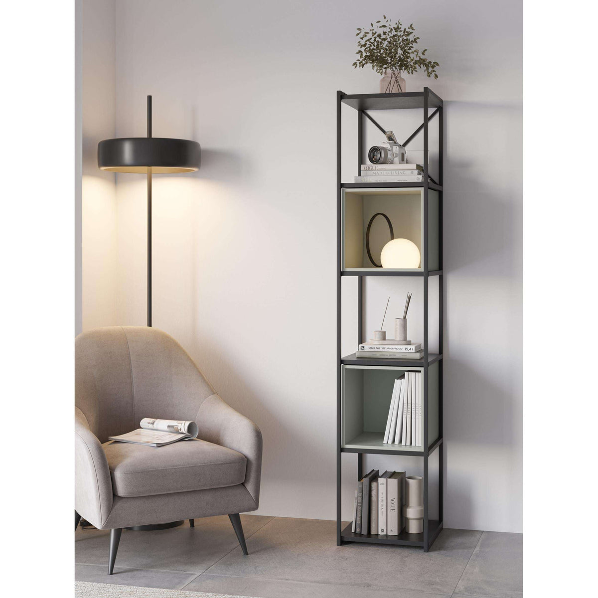 Mini industrial bookcase set with black metal frame and light green open shelves