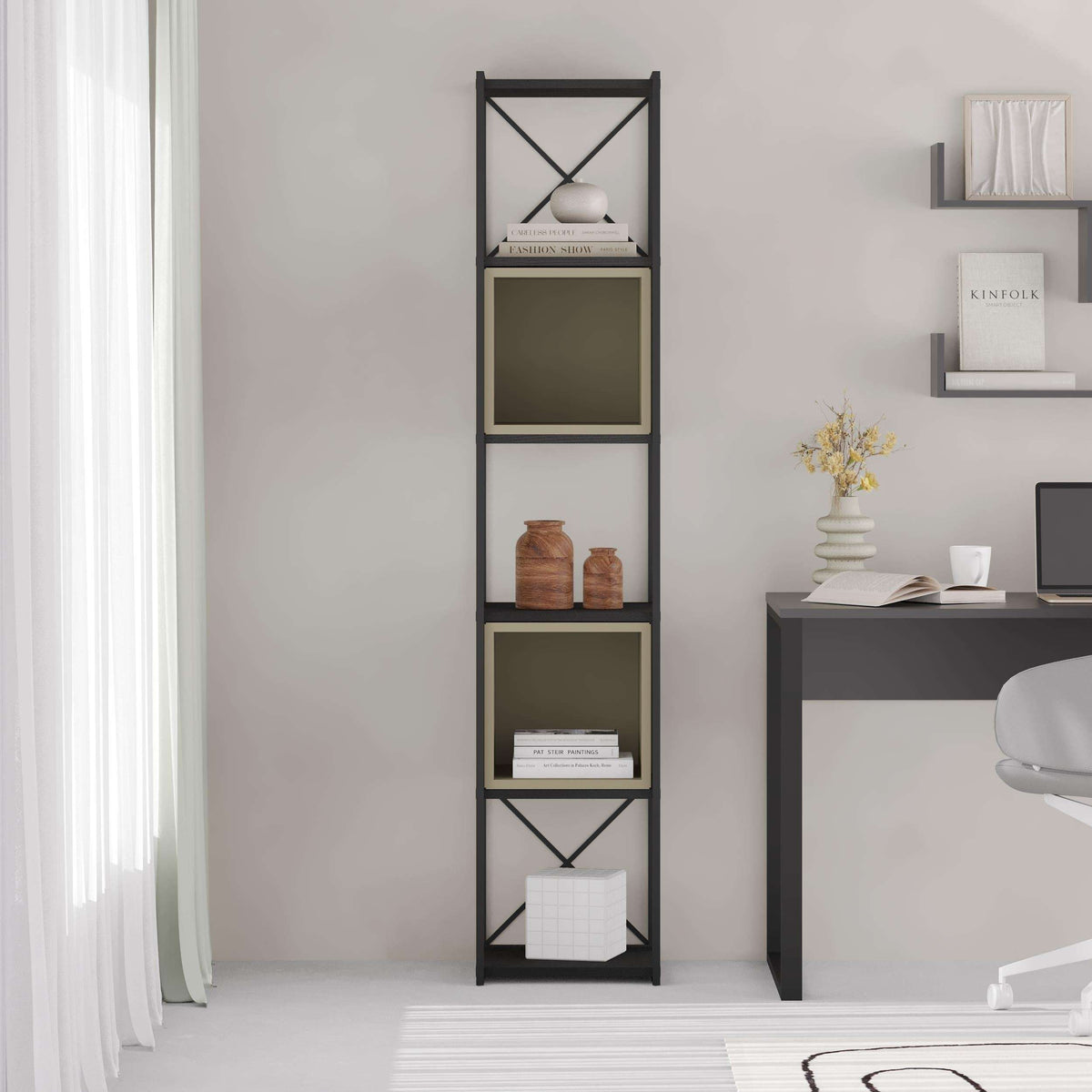 Mini industrial bookcase set with black frame and olive ash green open compartments