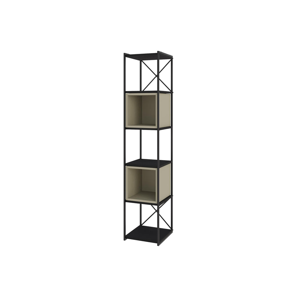 Mini industrial bookcase set on black metal frame with olive-green open compartments