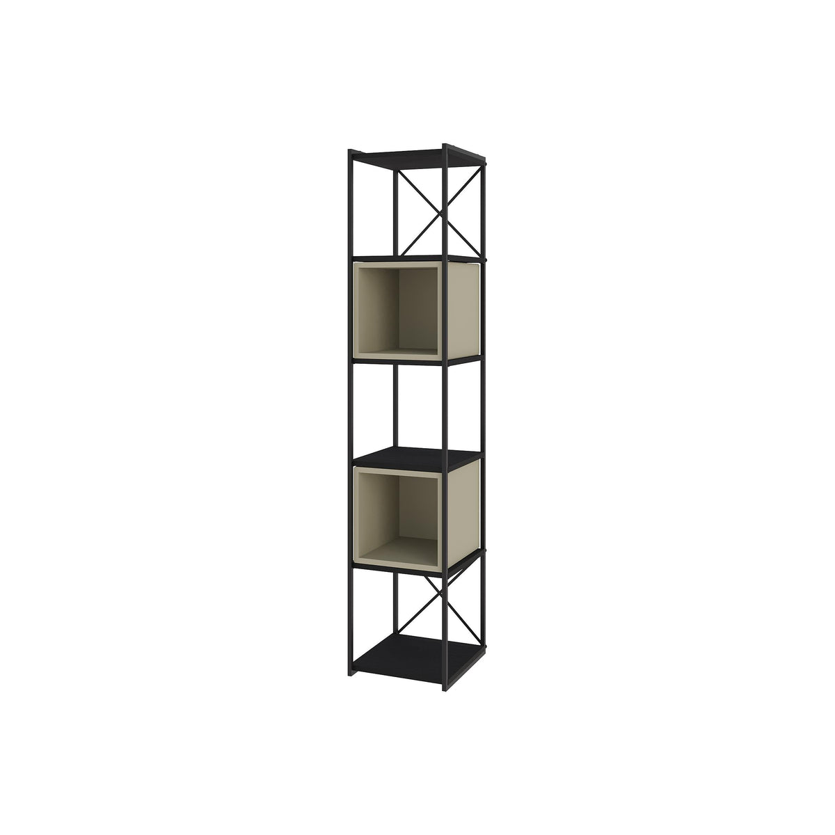 Mini industrial bookcase set on black metal frame with olive-green open compartments