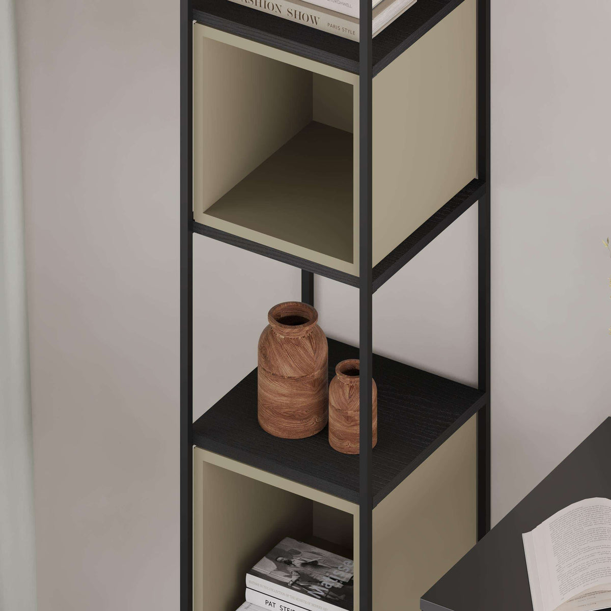 Mini industrial bookcase set with black metal frame and sandstone interior shelves