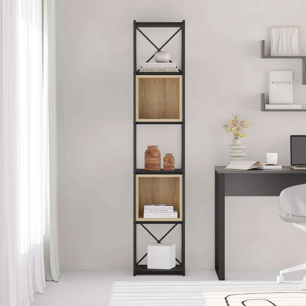 Mini industrial bookcase unit with black frame and light wood shelves, standing