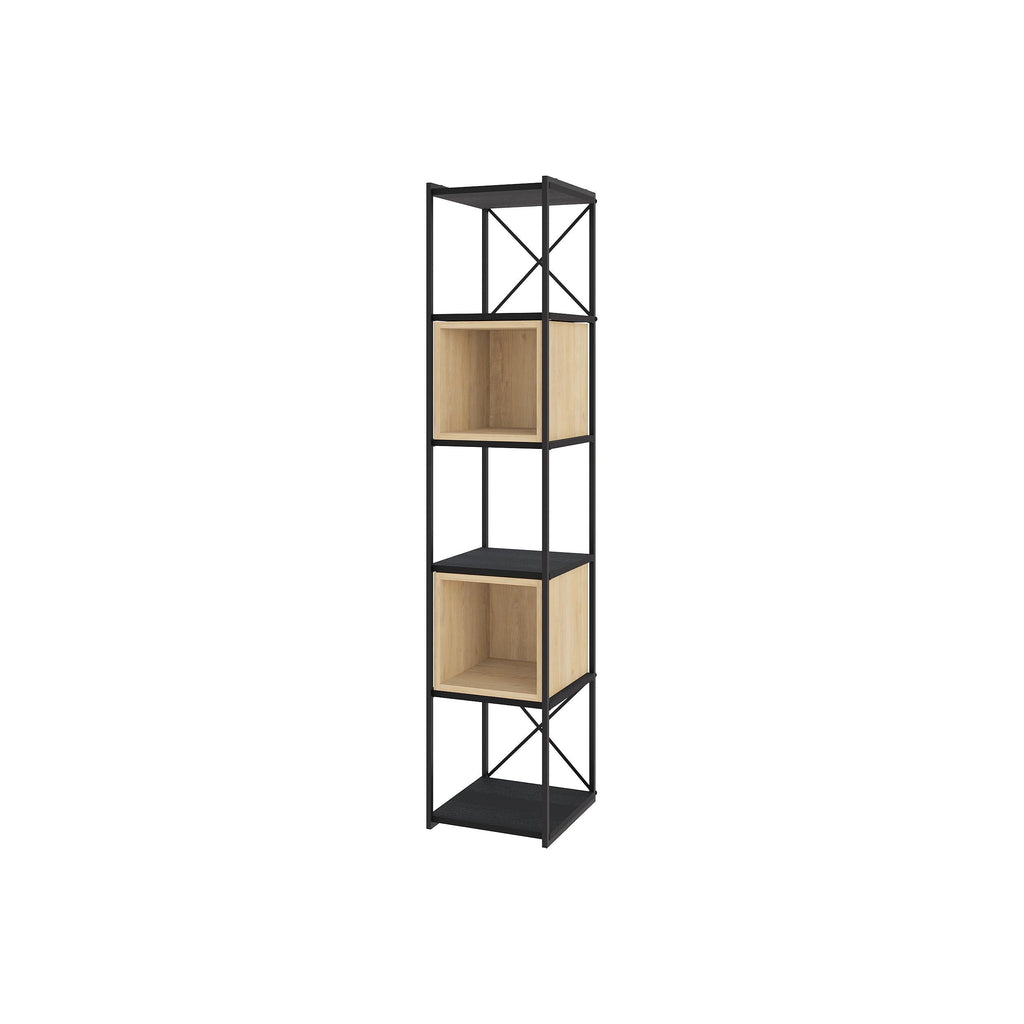 Mini industrial bookcase with black metal frame and light wood cubby shelves