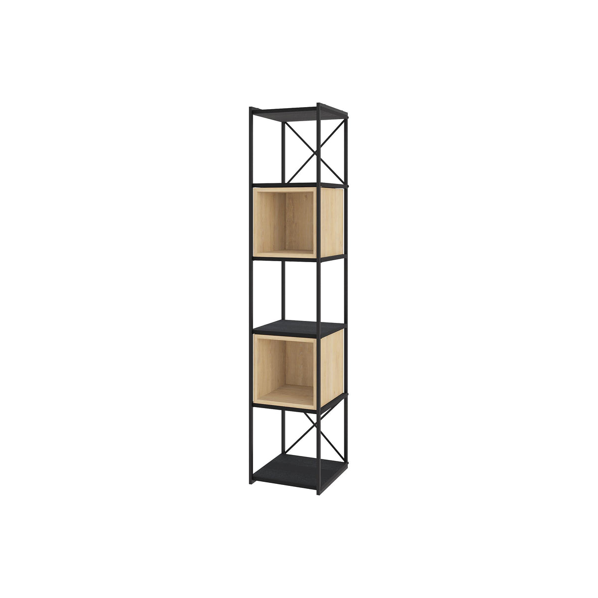 Mini industrial bookcase with black metal frame and light wood cubby shelves
