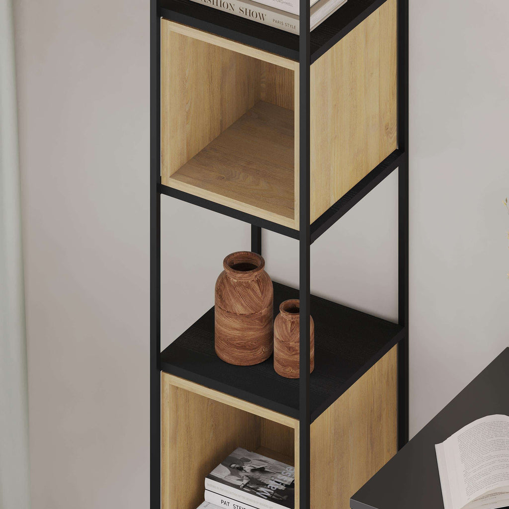 Tall mini bookcase with black frame, light wood shelves, open cubbies