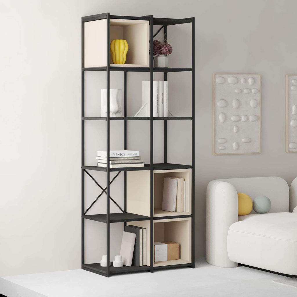 Industrial bookcase with black metal frame and light sandstone cubby shelves