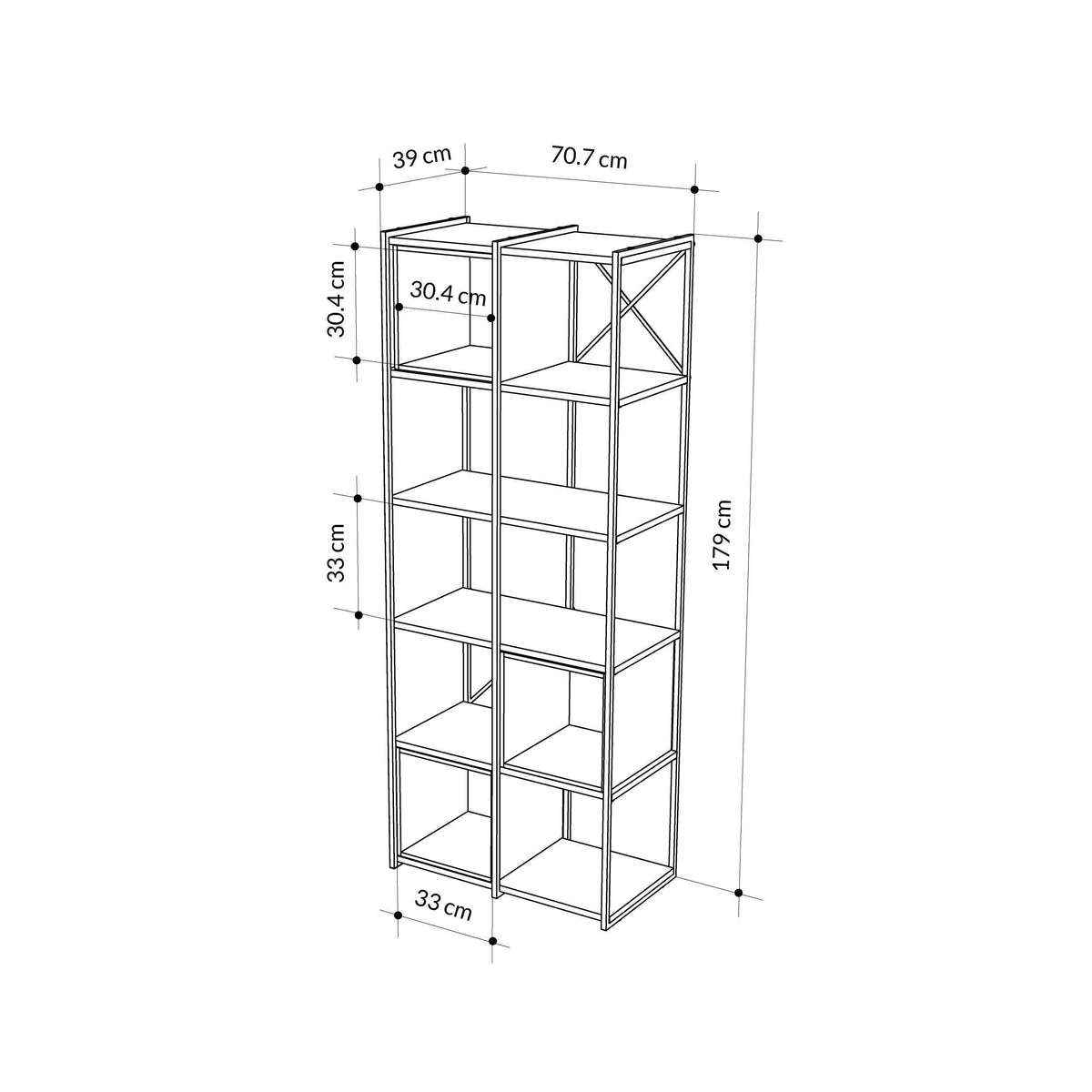 Industrial bookcase dimensions diagram with cubby layout and size measurements