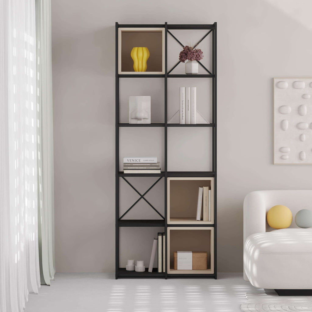 Tall industrial bookcase with black metal frame and sandstone open cubbies