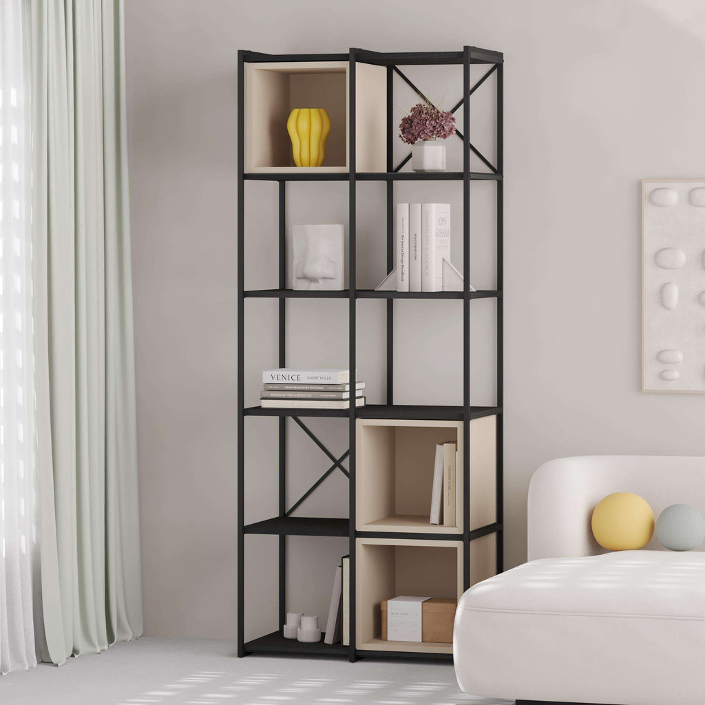 Industrial bookcase with black metal frame and light sandstone cubby shelves