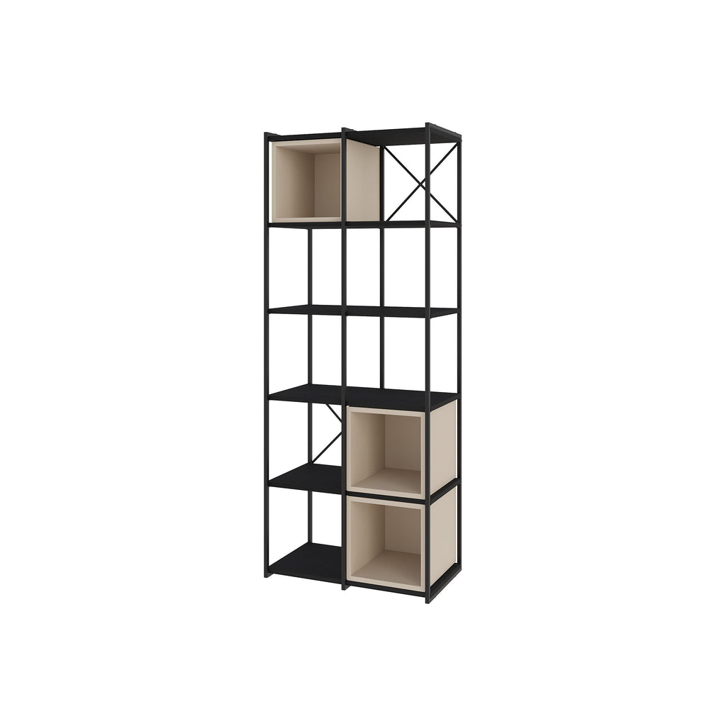 Industrial bookcase with black metal frame and light sandstone open cubbies
