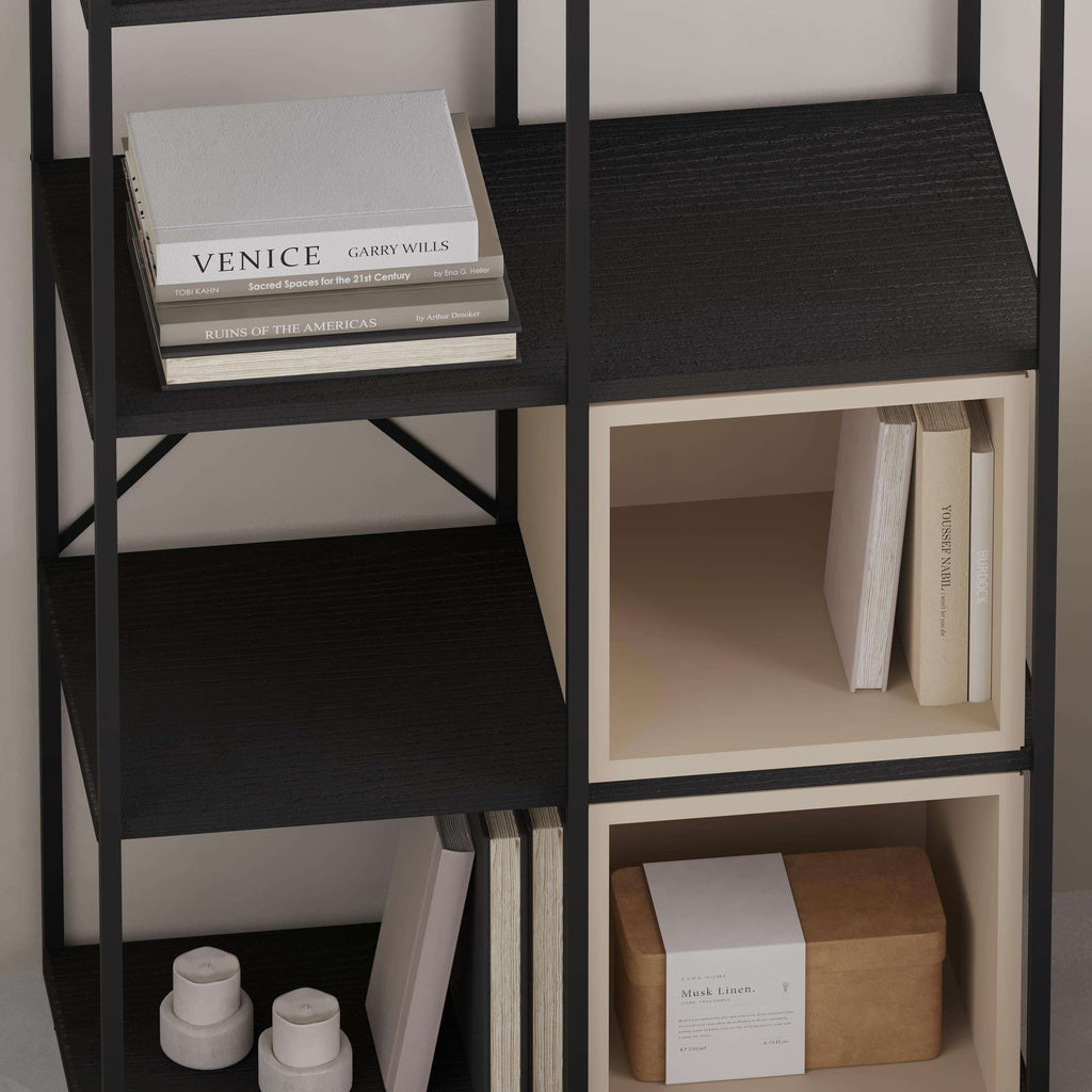 Industrial bookcase with black frame, open cubbies, and diagonal X brace