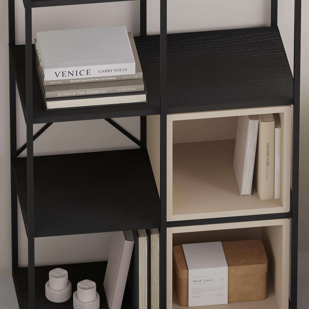 Industrial bookcase with black frame, open cubbies, and diagonal X brace