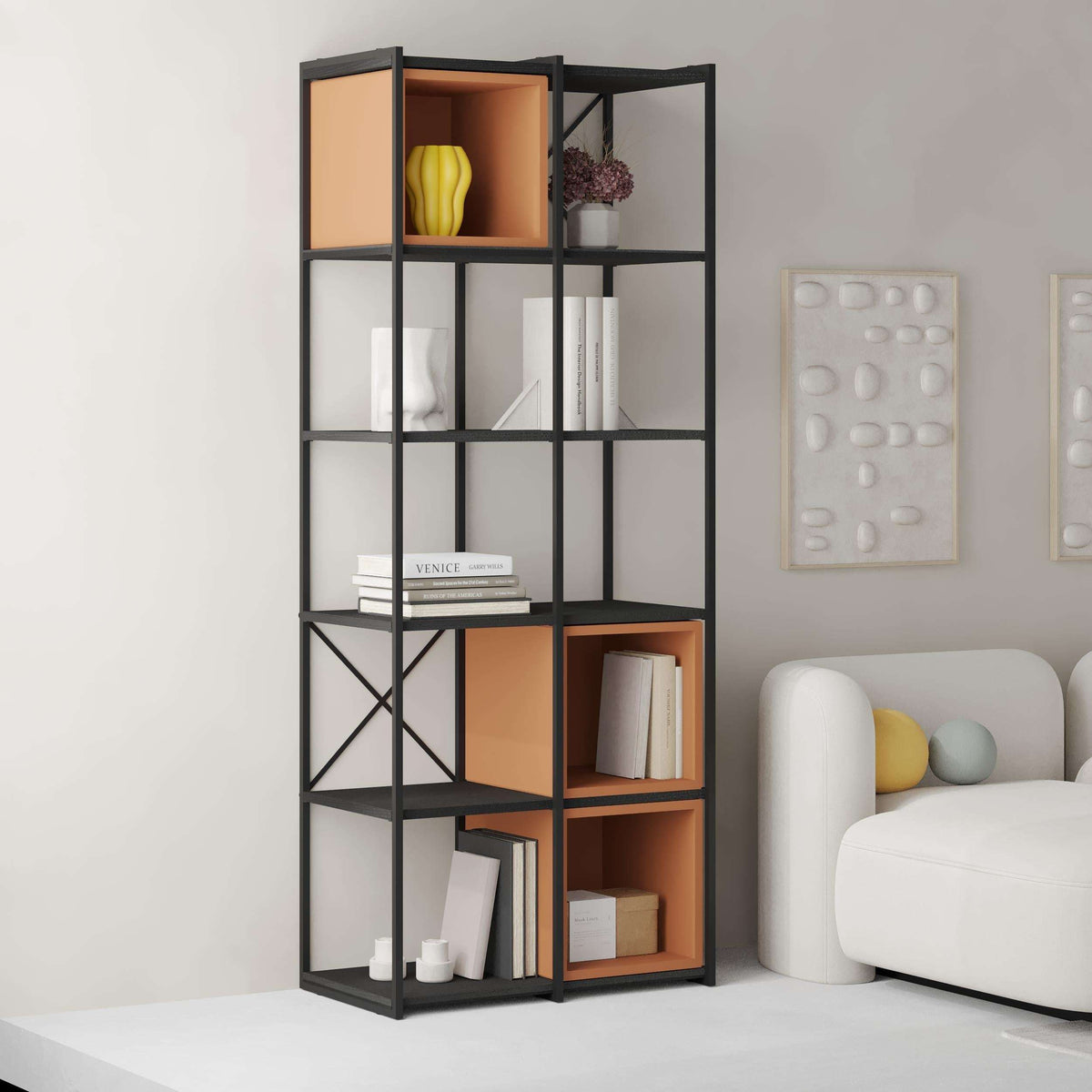 Industrial bookcase set with black grid frame, open shelves, ash green wood panels