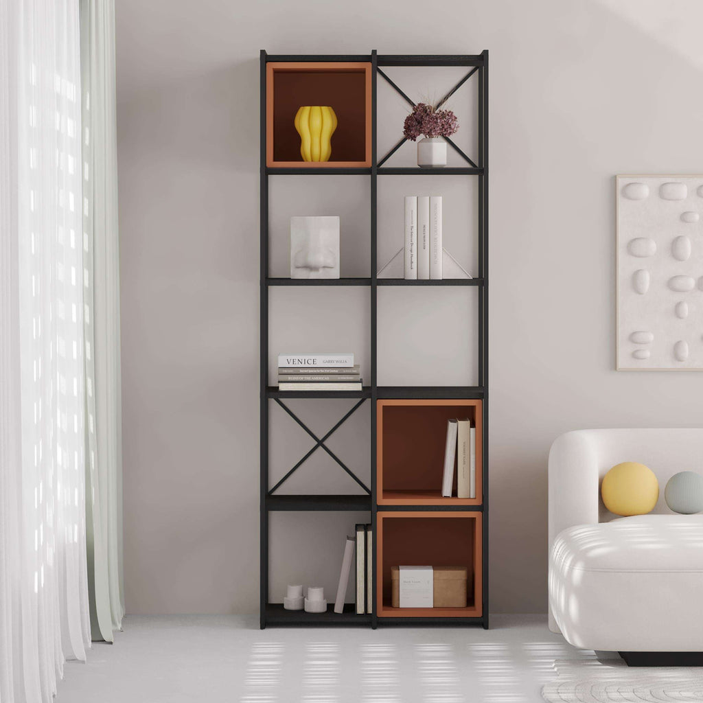 Industrial bookcase set with black metal frame and ash green wood cubbies