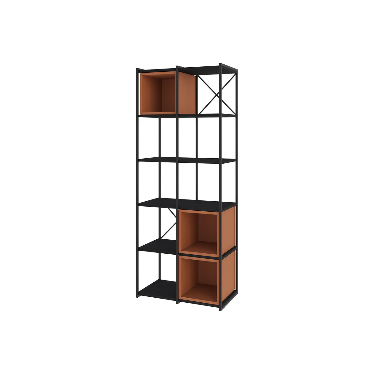 Industrial bookcase with black metal frame and cinnamon wood cubby shelves