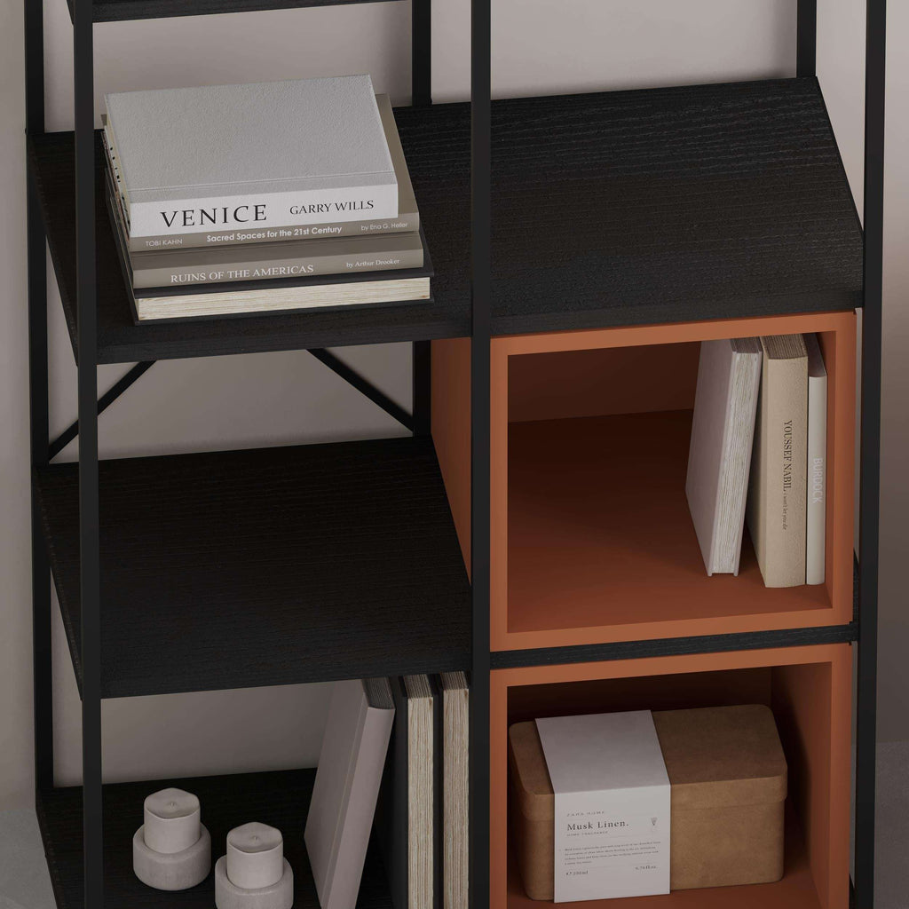 Industrial bookcase with black frame and cinnamon wood shelving, open cubbies