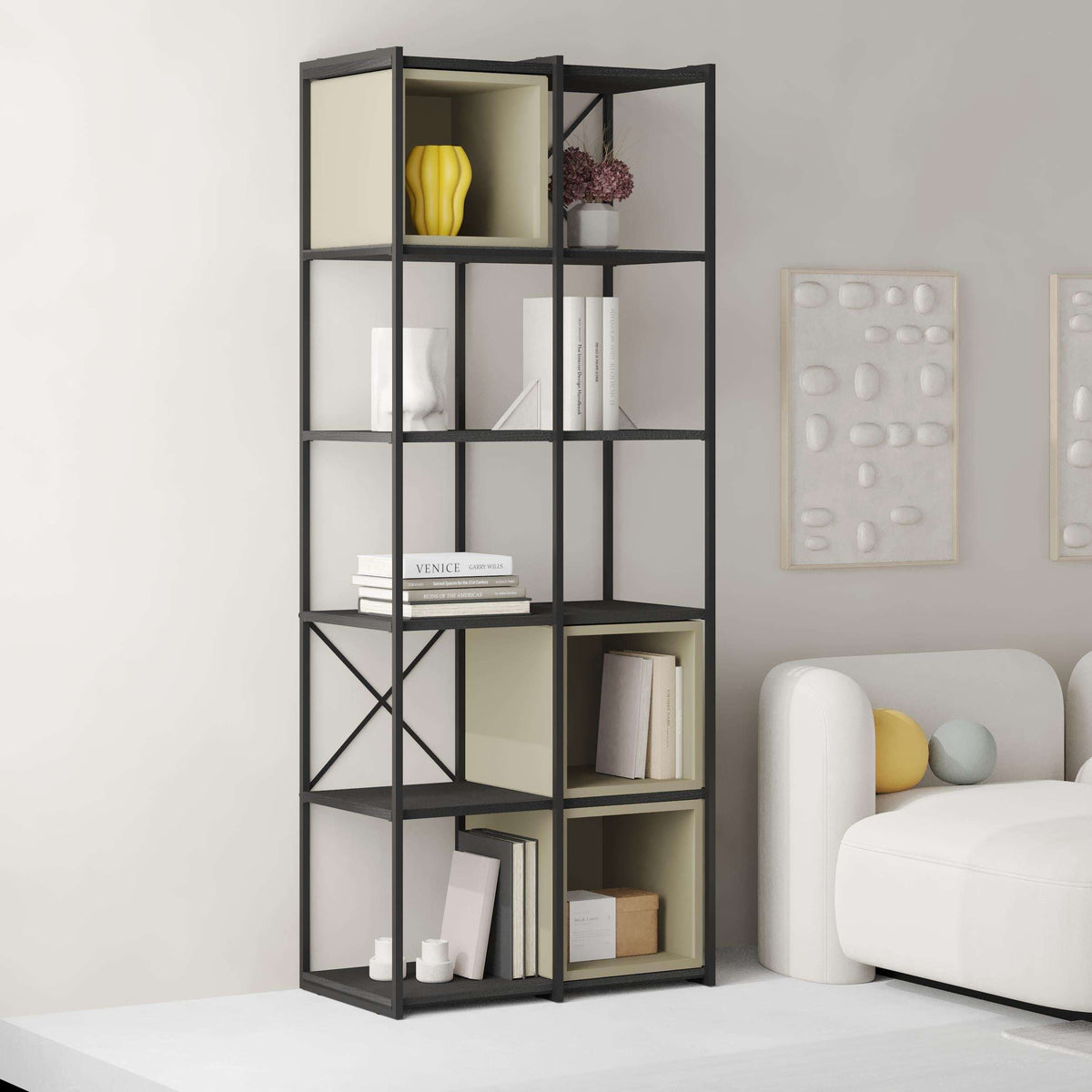 Industrial bookcase set with black frame, open shelves, ash green wood panels