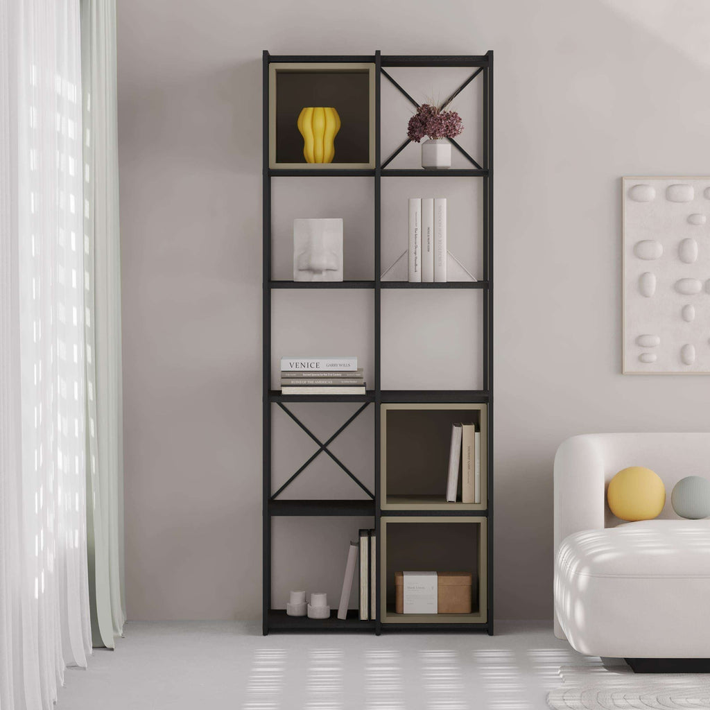 Industrial bookcase set with black metal grid and ash green storage cubbies