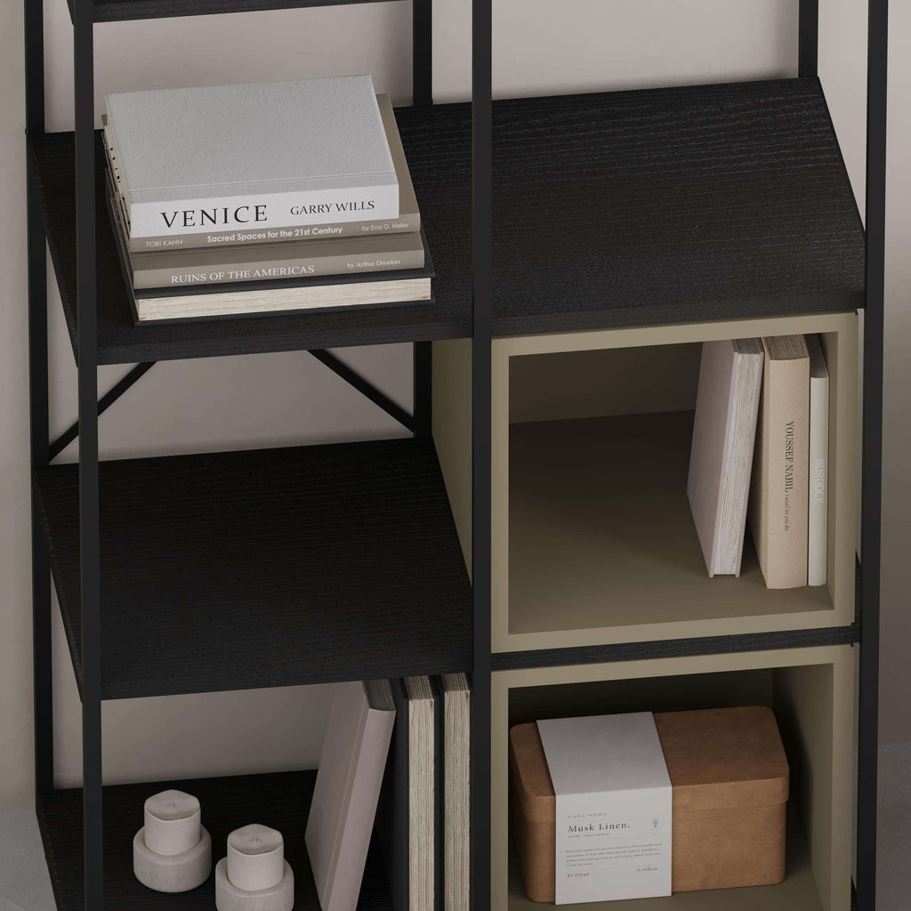 Industrial bookcase with black frame and cinnamon wood cubbies for books and decor