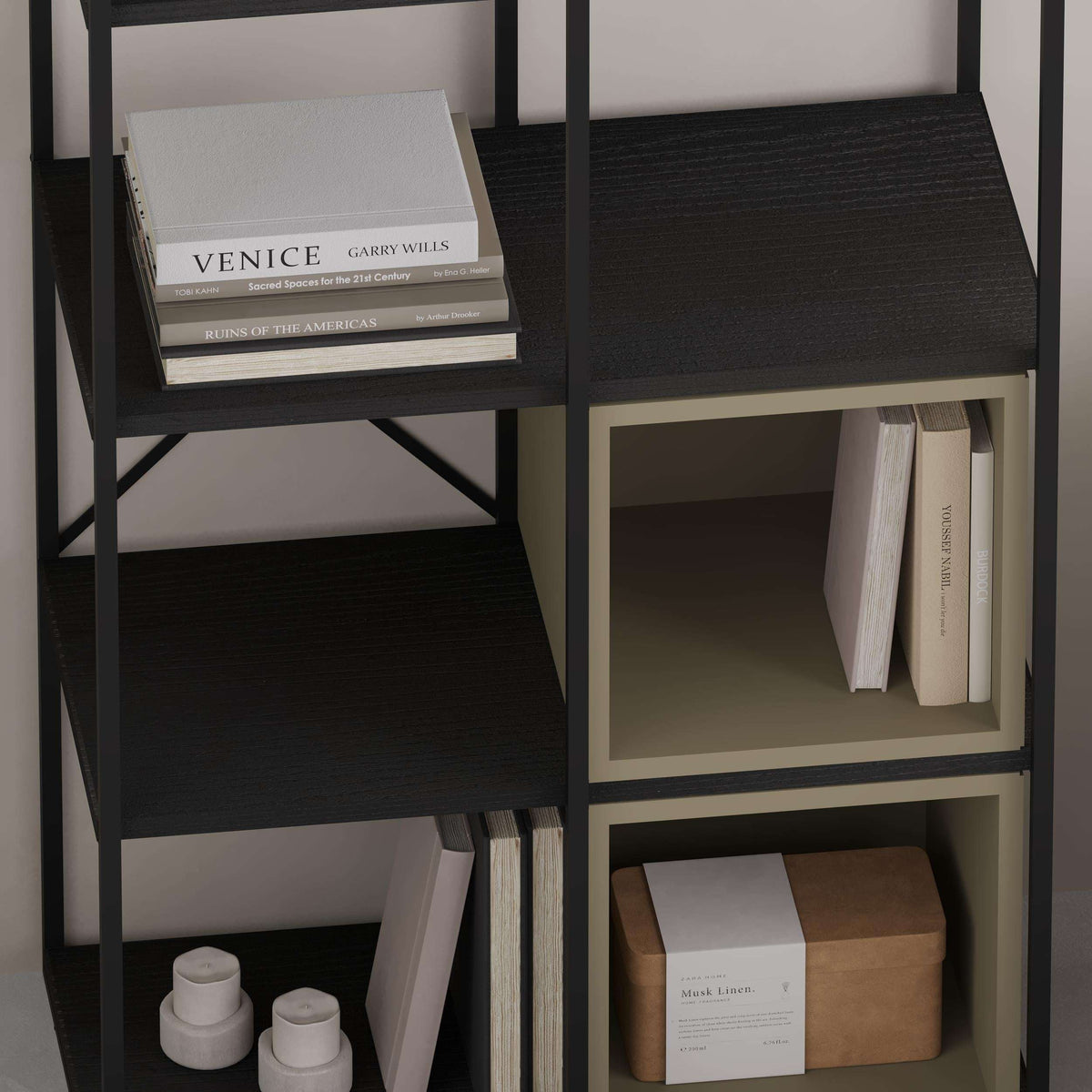 Industrial bookcase with black frame and cinnamon wood cubbies for books and decor