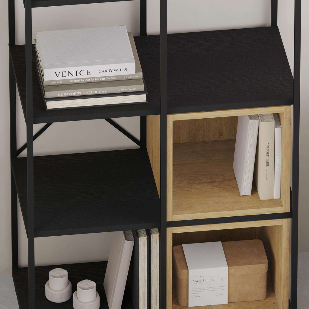 Industrial bookcase with black frame and oak wood compartments, stacked open shelves