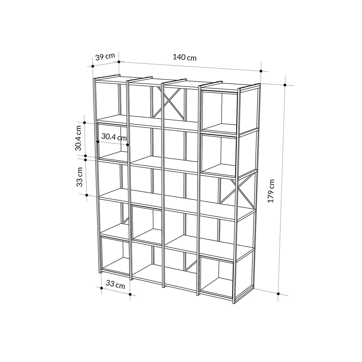 Industrial bookcase set dimensions with open cubby layout
