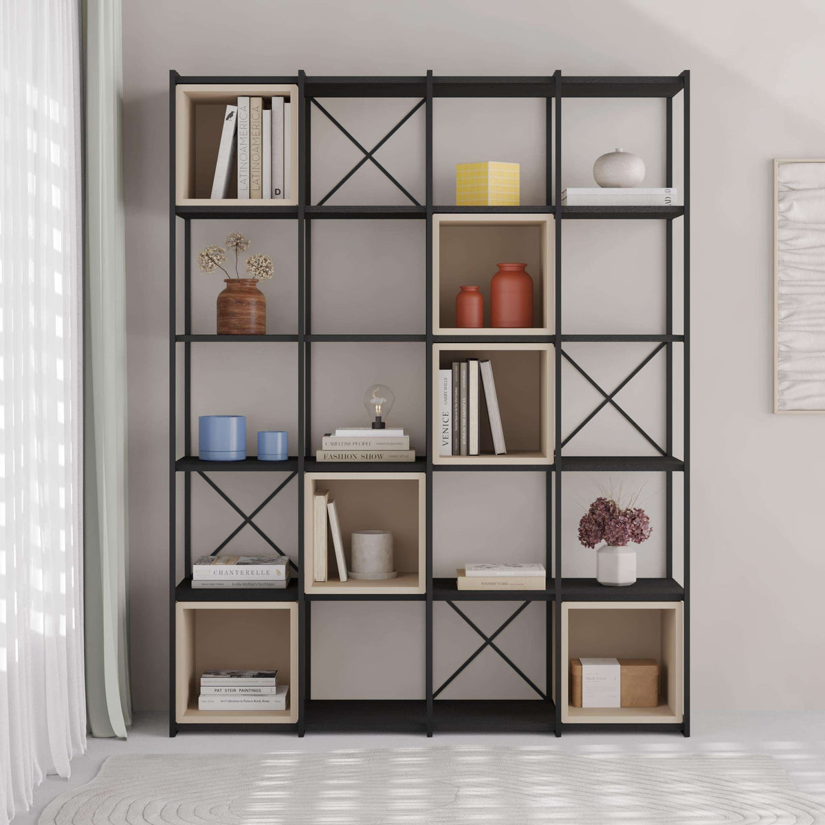 Industrial bookcase set with black frame, mixed storage cubbies, and X-pattern doors