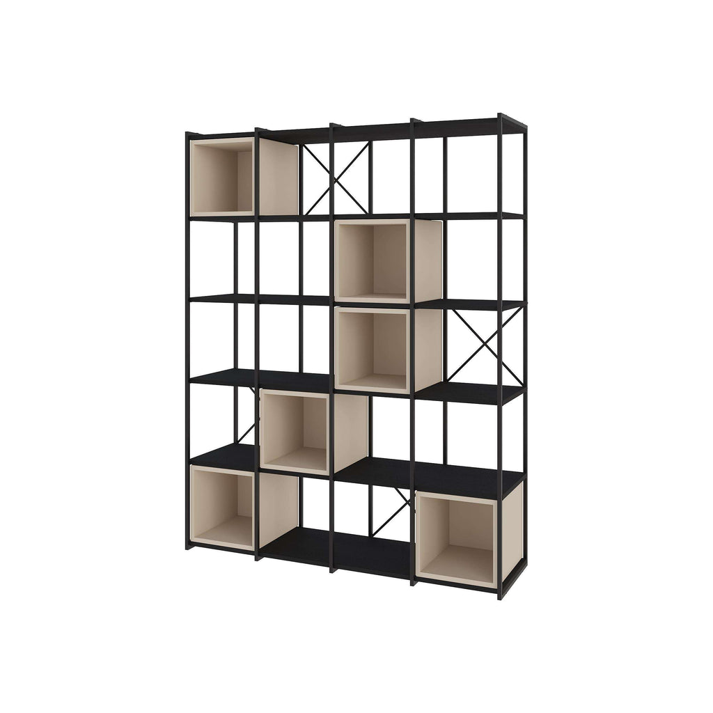 Black metal industrial bookcase with ash-green wood open cubby shelves