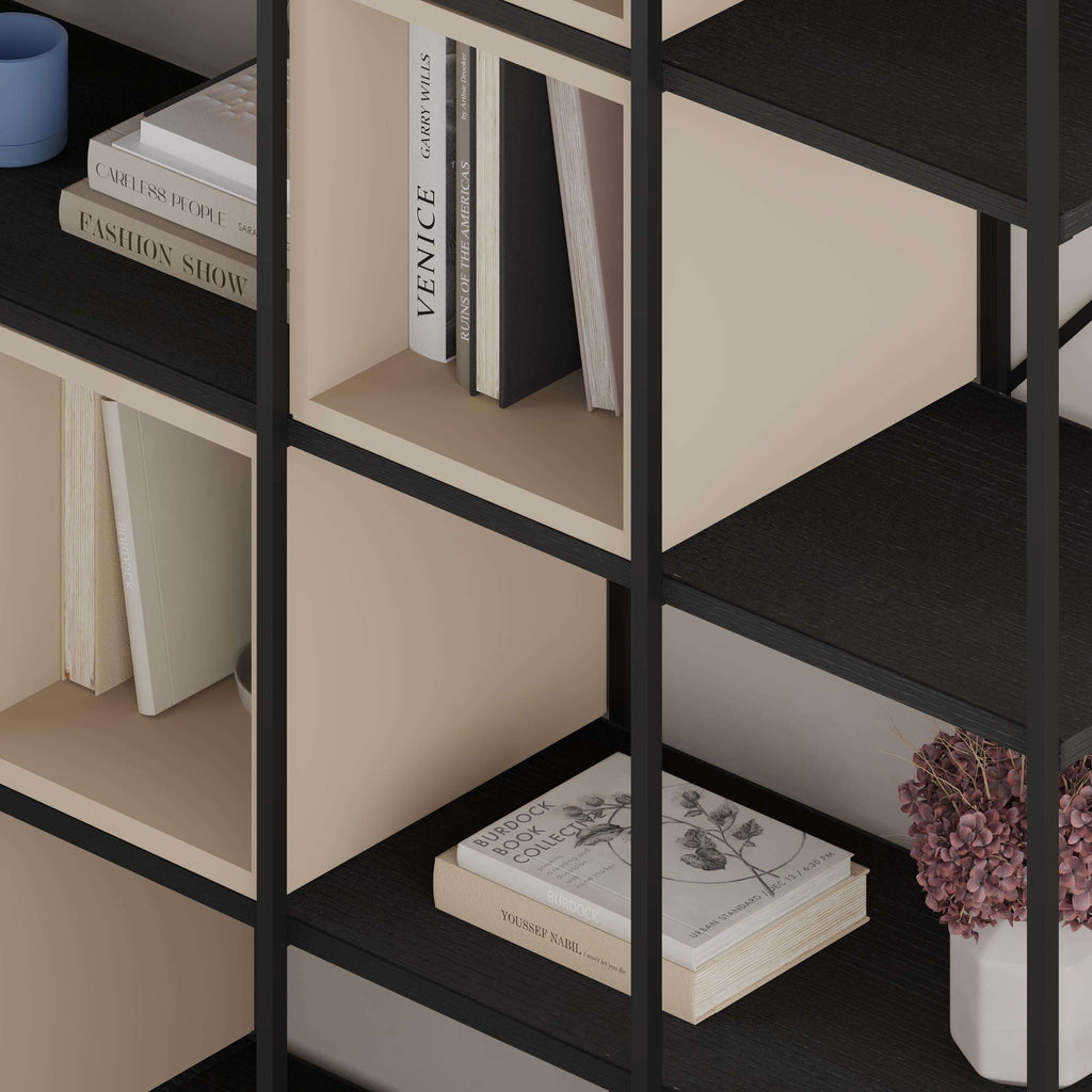 Ash Green industrial bookcase set with open cubbies and black metal frame