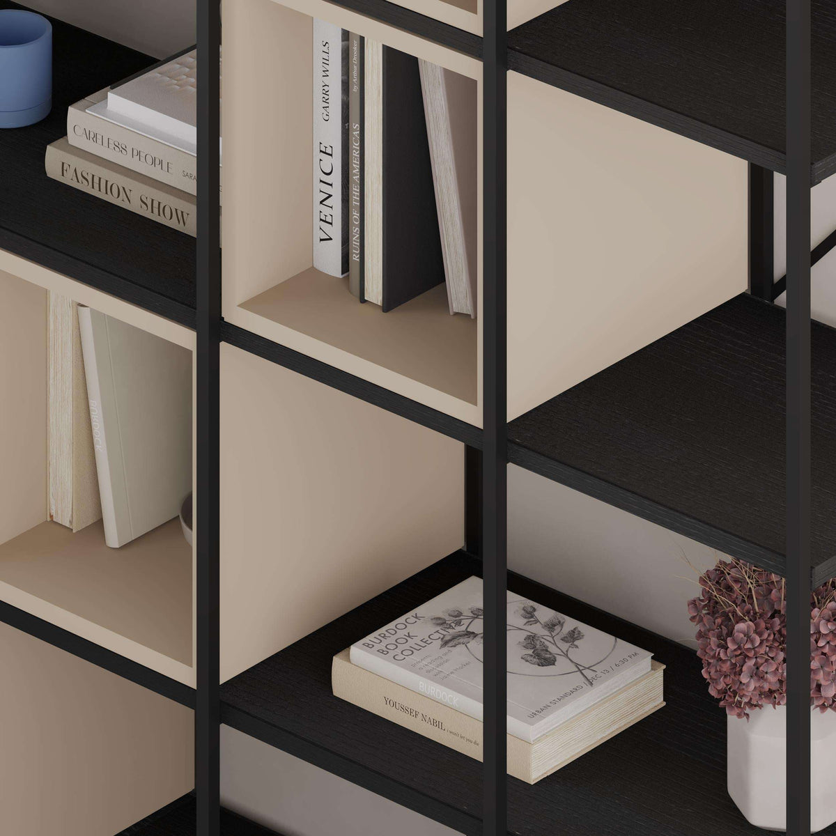 Ash Green industrial bookcase set with open cubbies and black metal frame