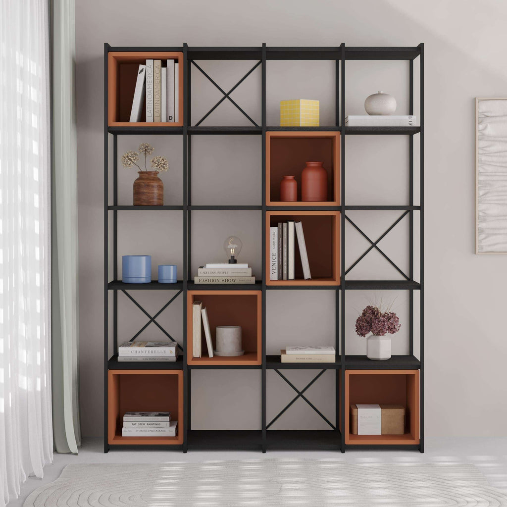 Industrial bookcase set with black metal frame and brown wood cubby shelves