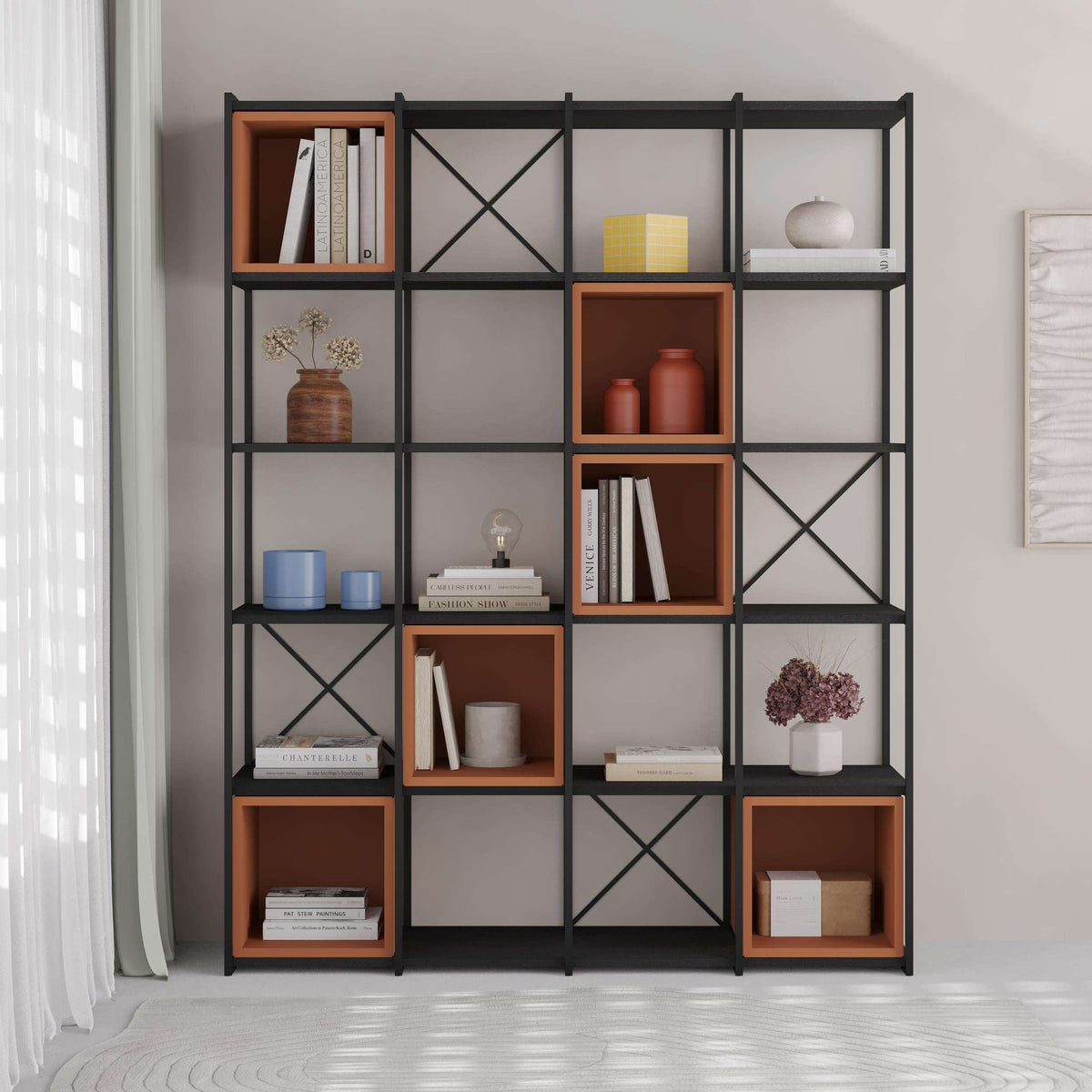 Industrial bookcase set with black metal frame and brown wood cubby shelves