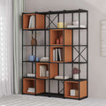 Black metal and cinnamon wood industrial bookcase with open cubby shelves