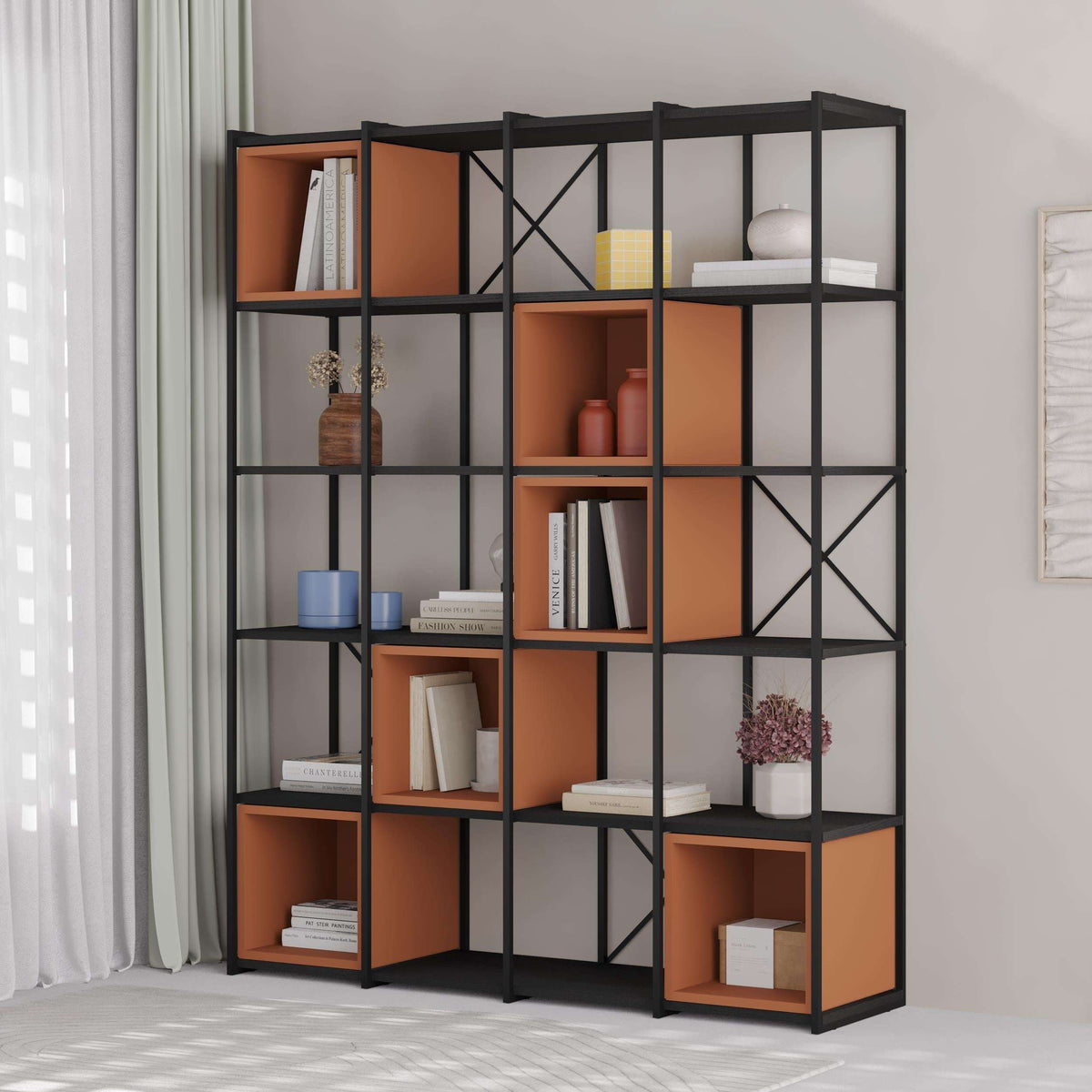 Black metal and cinnamon wood industrial bookcase with open cubby shelves