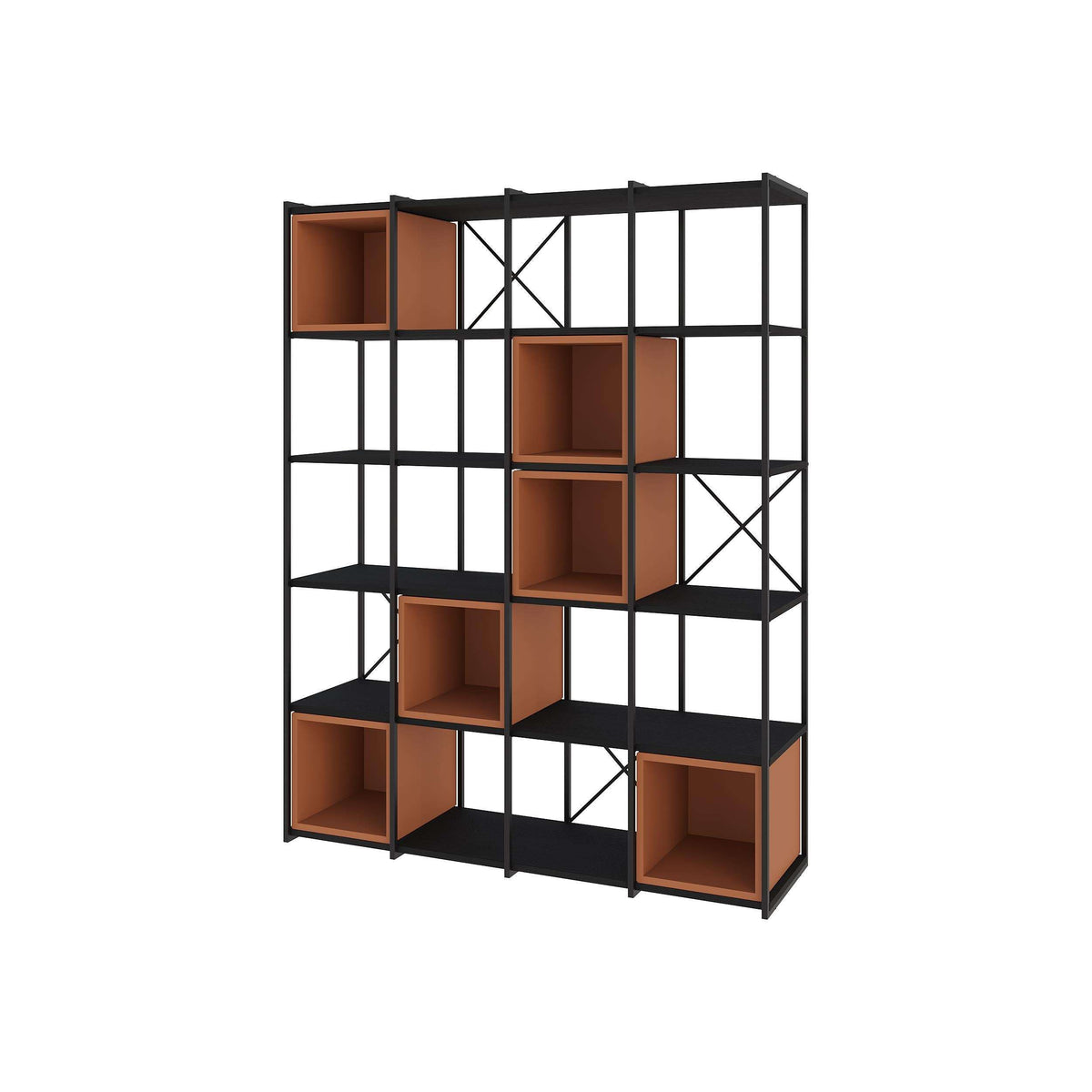 Black metal industrial bookcase with cinnamon wood open cubby shelves