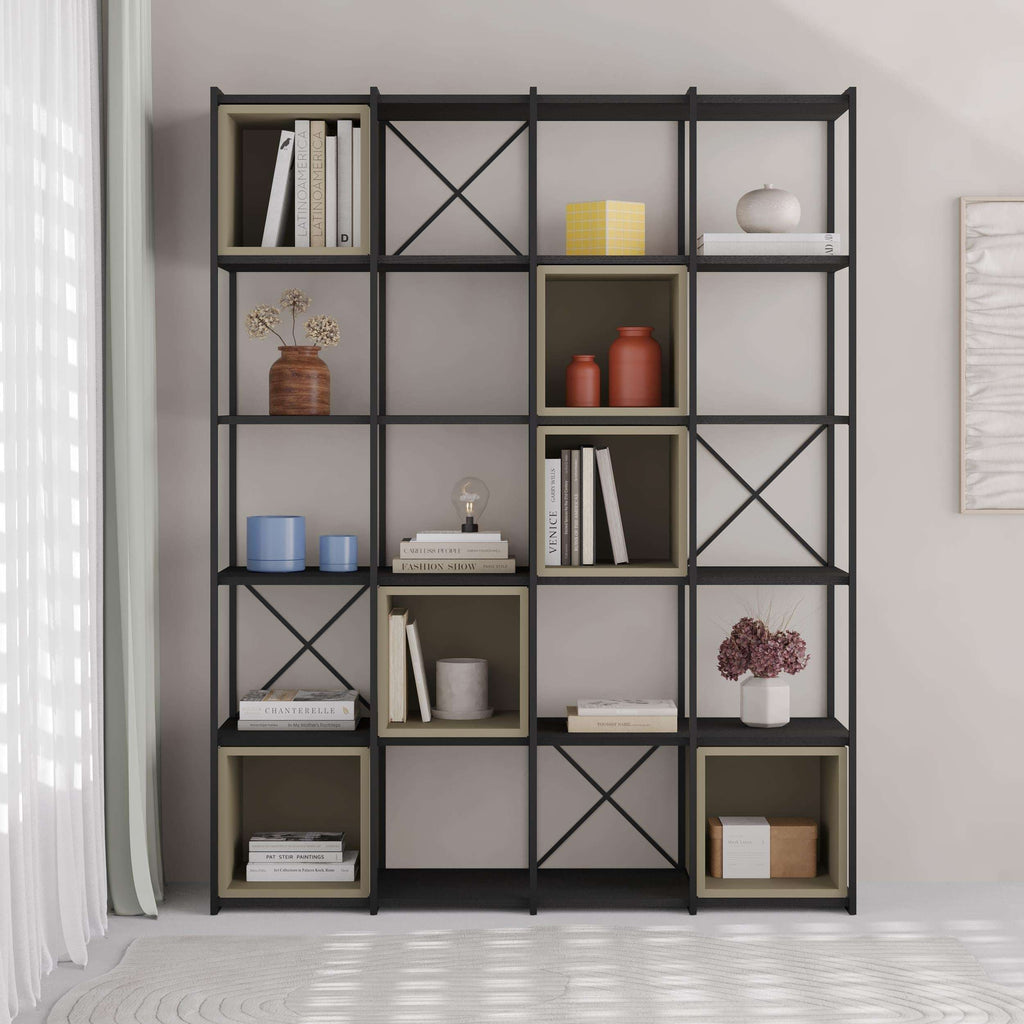 Industrial bookcase set with black metal frame and green wood cubby shelves