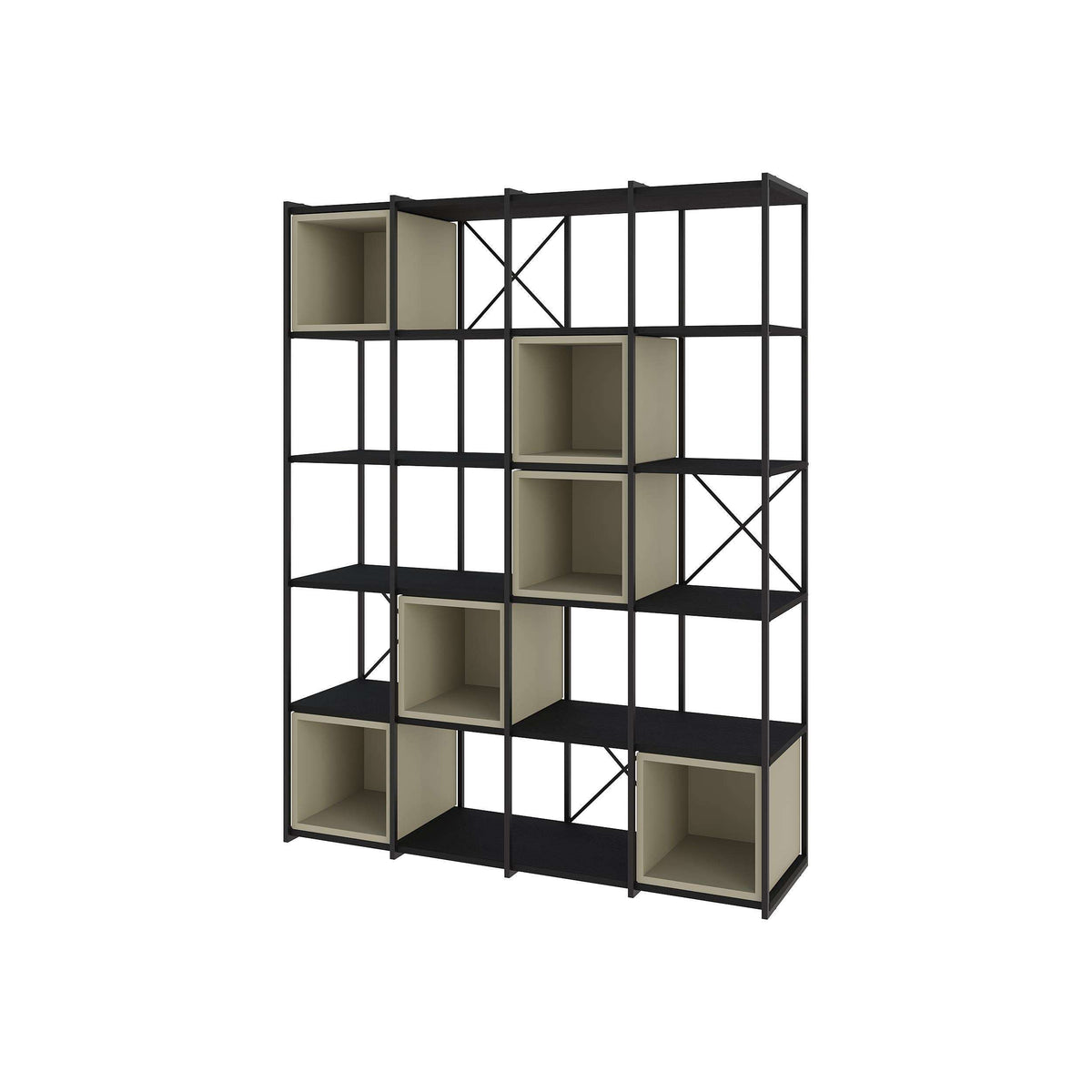 Black metal industrial bookcase with ash-green wood open cubby shelves