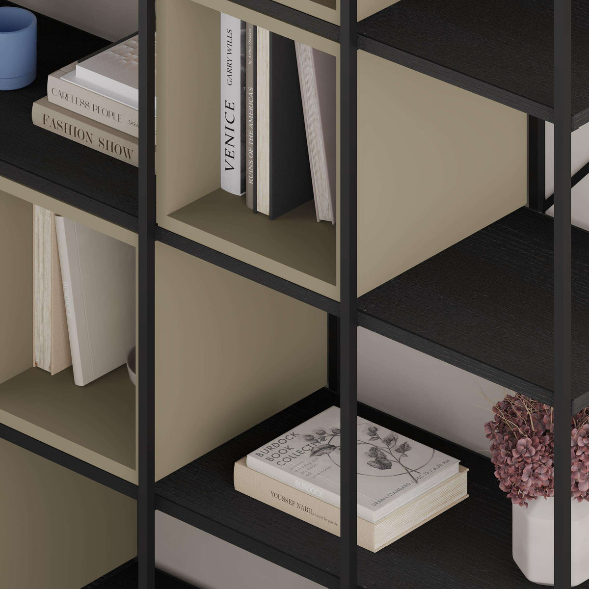 Beige industrial bookcase set with open cubbies and black metal frame