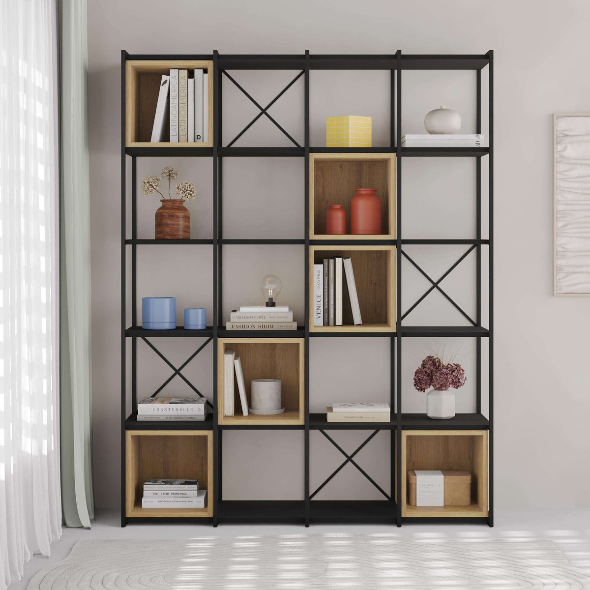 Industrial bookcase set with black metal frame and warm brown wood cubby shelves