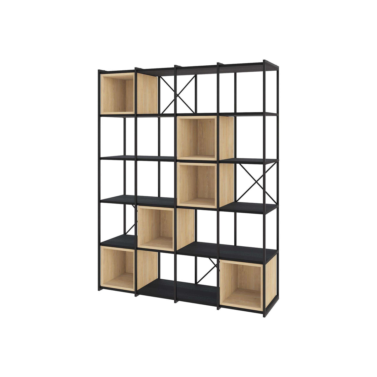 Black metal industrial bookcase with sandstone wood open cubby shelves