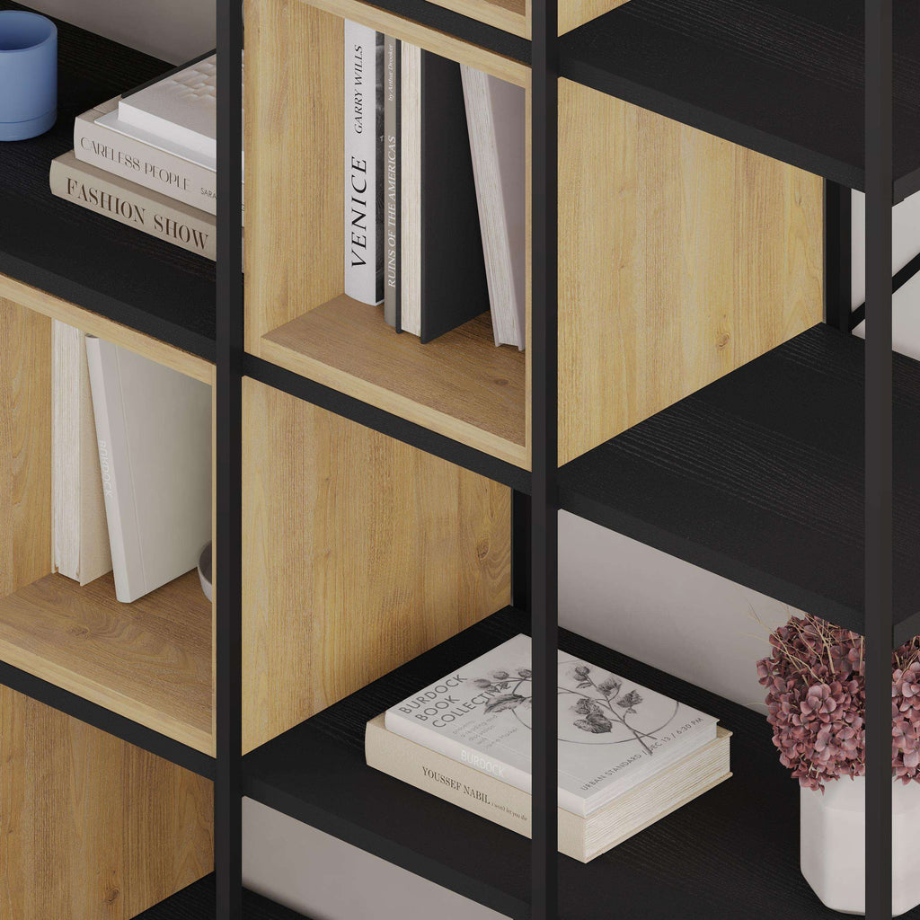 Light natural wood industrial bookcase set with open cubbies and black metal frame