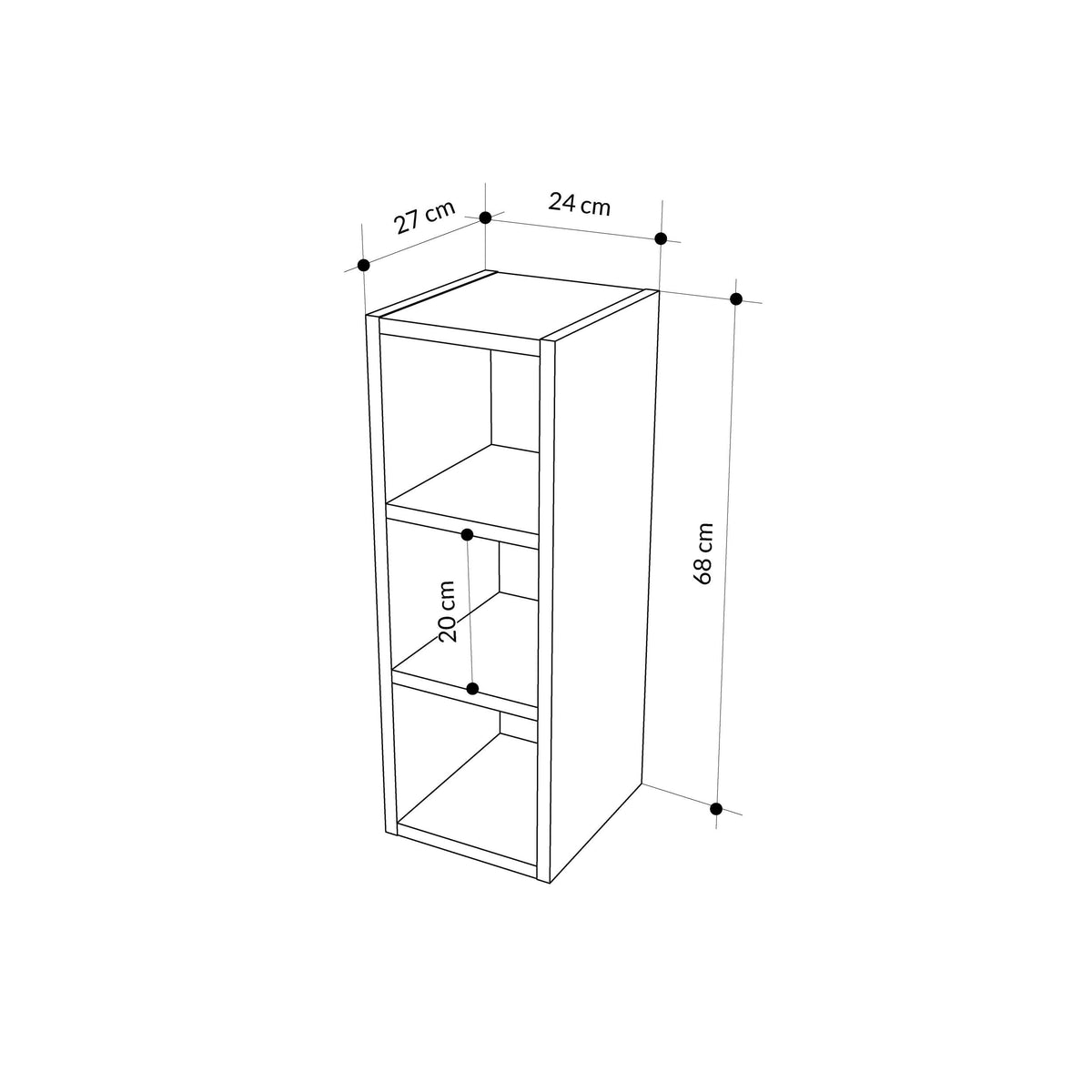 Small low modular bookcase with open cubby shelves, front view dimensions