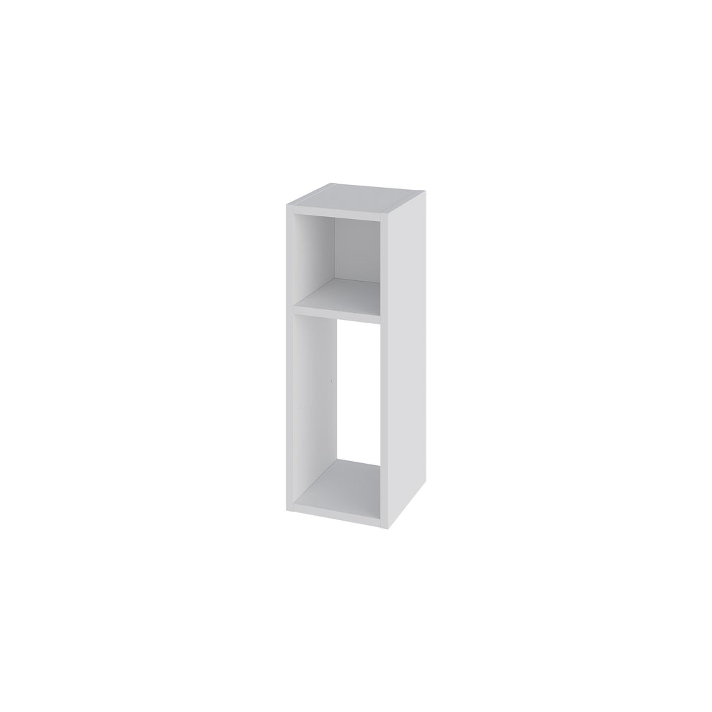 White open bookcase with one top shelf and tall middle compartment, rectangular frame