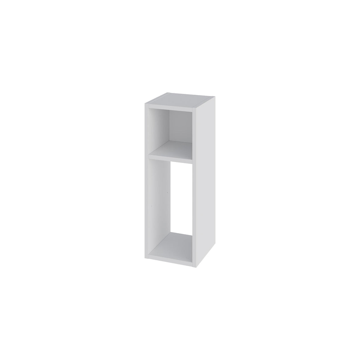 White open bookcase with one top shelf and tall middle compartment, rectangular frame