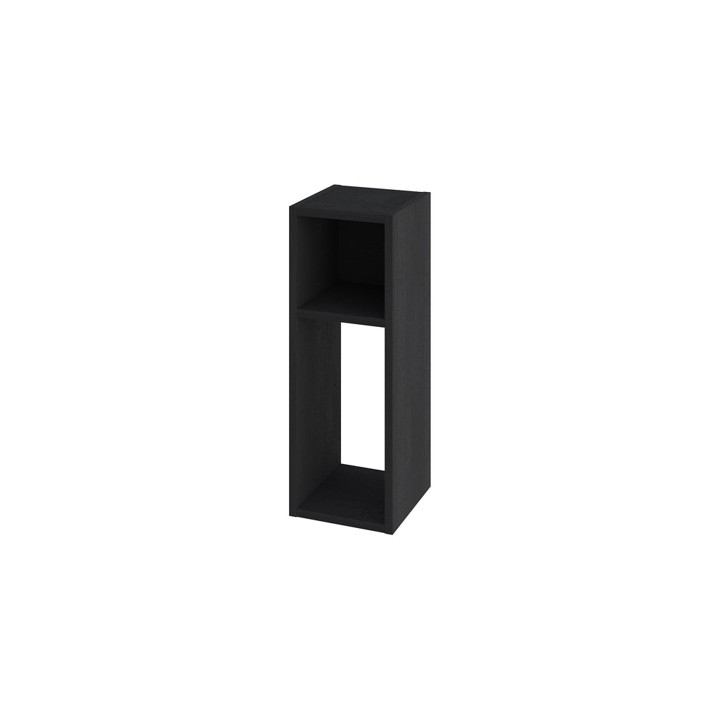 Black open bookcase with one top shelf and tall middle compartment, rectangular frame