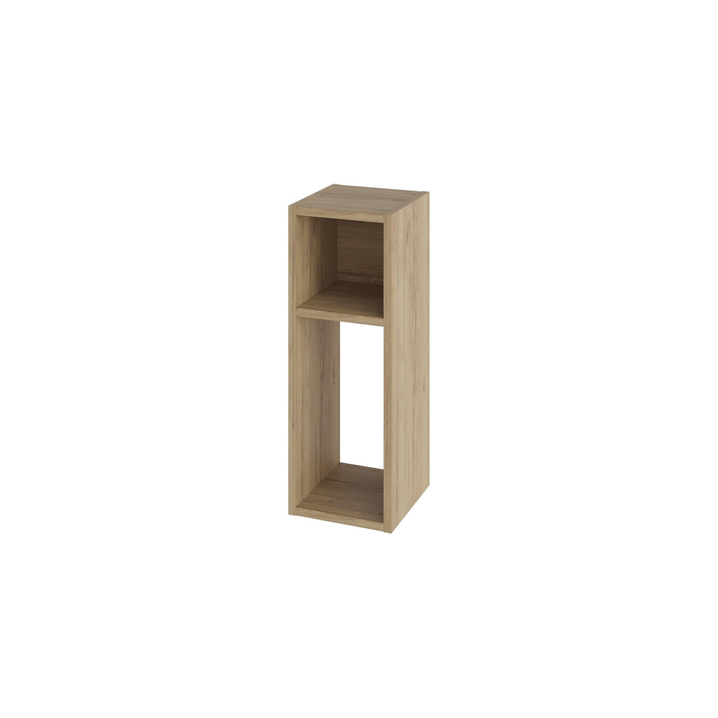 Oak open bookcase with one top shelf and tall middle compartment, rectangular frame