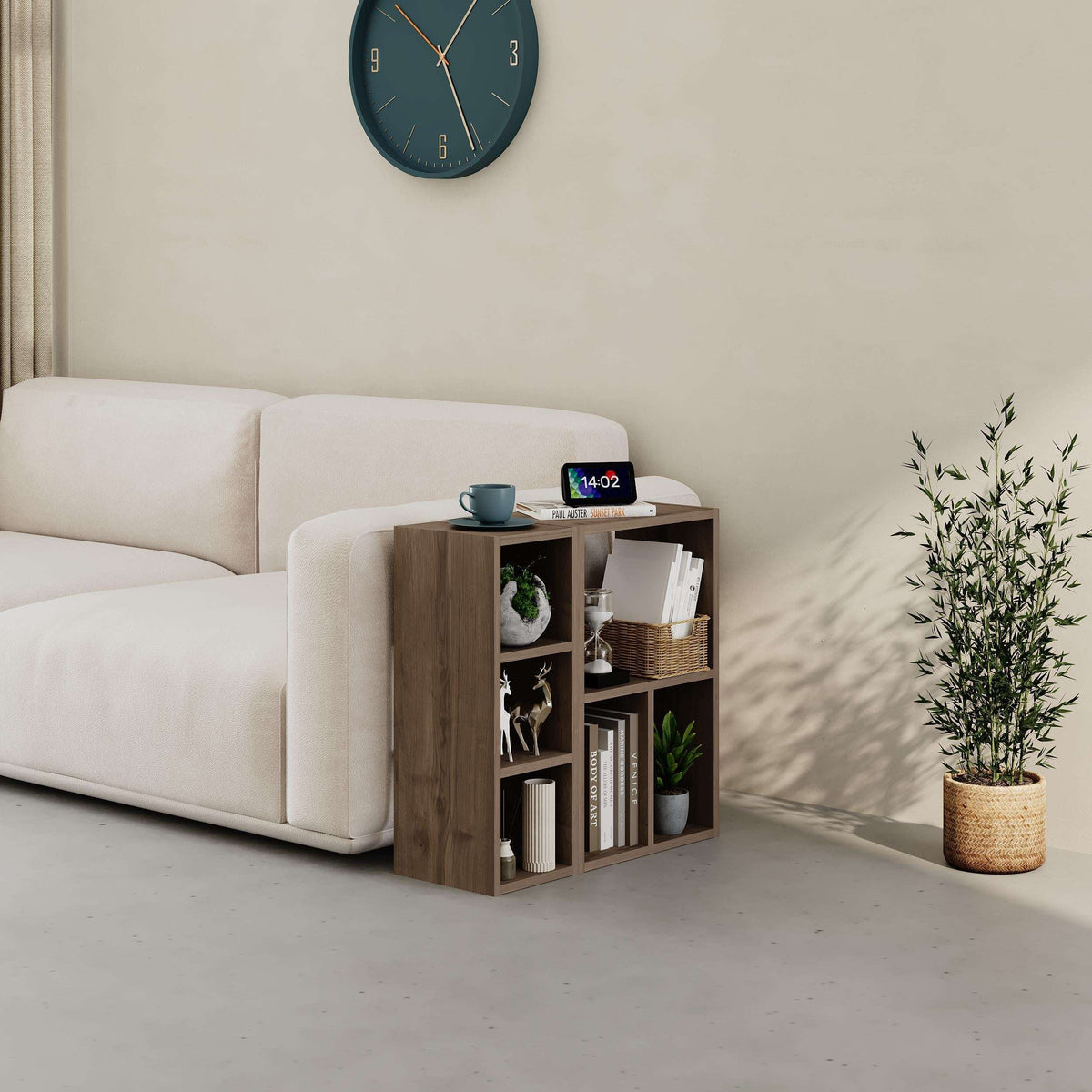 Low standing modular bookcase with open shelves, light wood finish, square frame